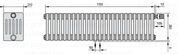 Схема (чертеж) Радиатор Zehnder Charleston 6026/25 №V008 Белый глянцевый RAL 9016